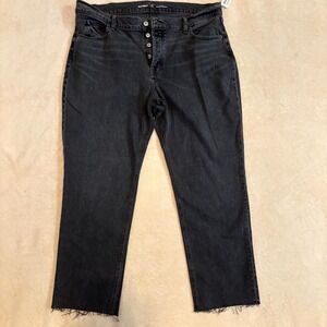 Old Navy 14P High Rise Slouchy Straight Jeans Black Raw Hem Button Fly Denim